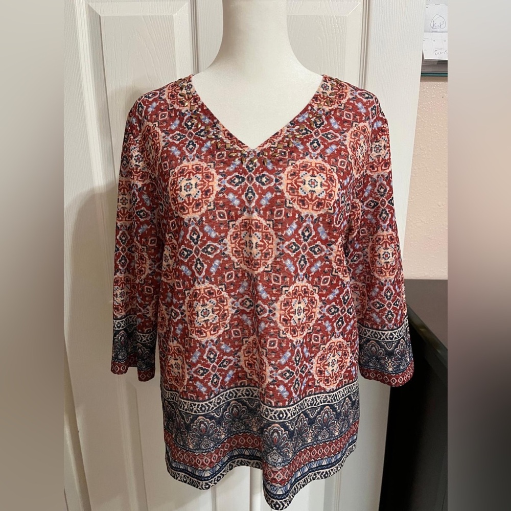 (U) Alfred Dunner Women's Shirt Medium Bling Studded V-Neck